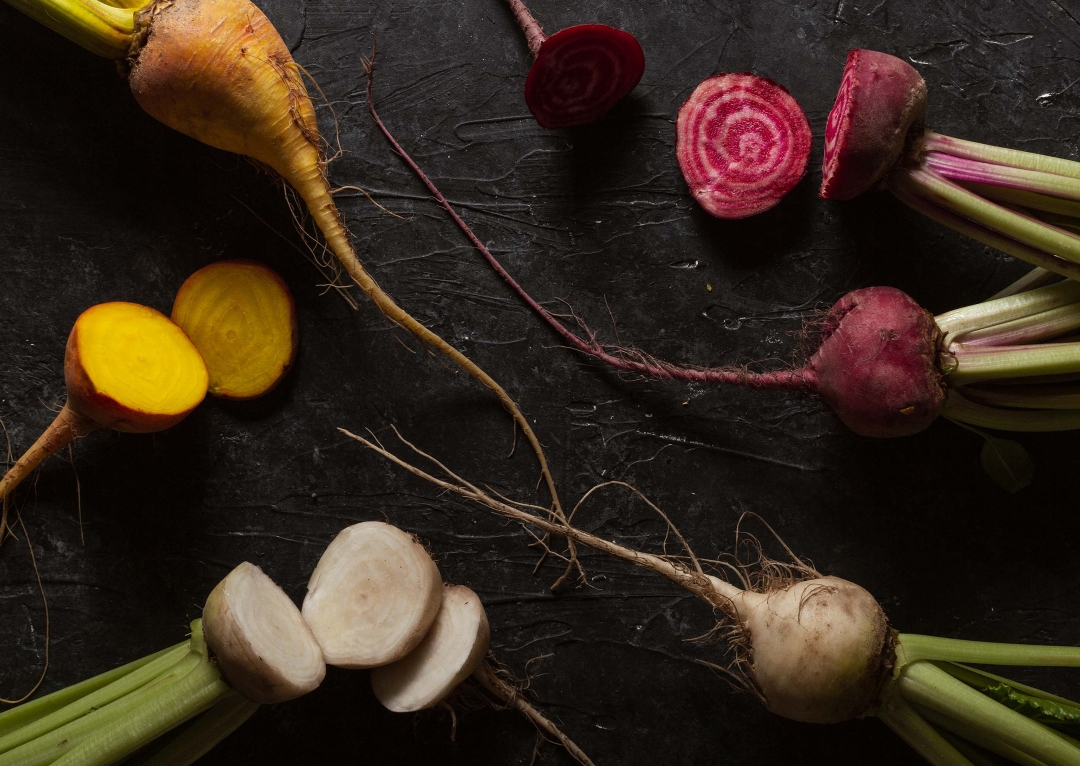 Chioggia beetroots, golden beets, and white albino beets